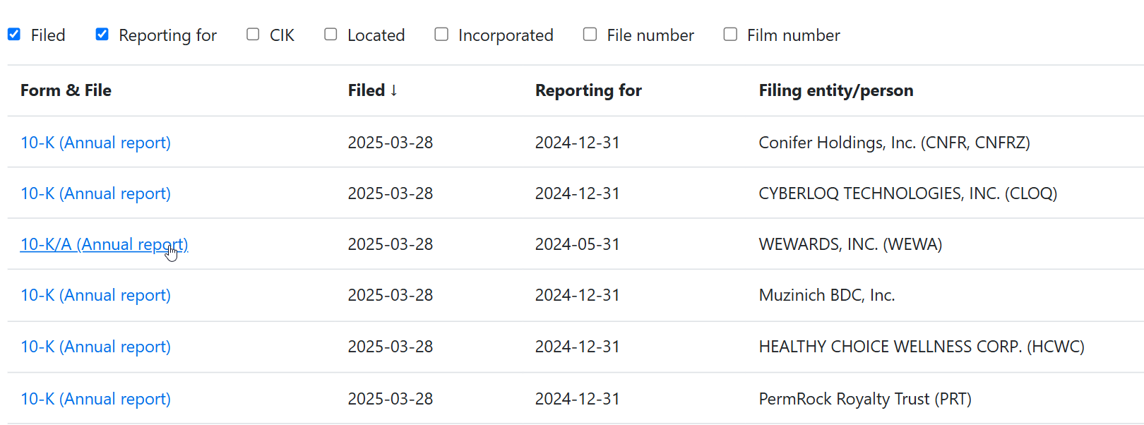 A table lists SEC Annual Reports, showing form type, filing date, reporting period, and company names such as Conifer Holdings, CYBERLOQ TECHNOLOGIES, and WEWARDS, with links to &ldquo;Annual report&rdquo; documents.