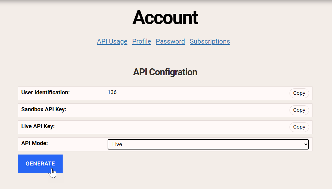 A web page labeled "Account" displays API configuration settings, including user ID, sandbox and live API keys, an API mode dropdown set to "Live," and a blue "GENERATE" button being clicked.