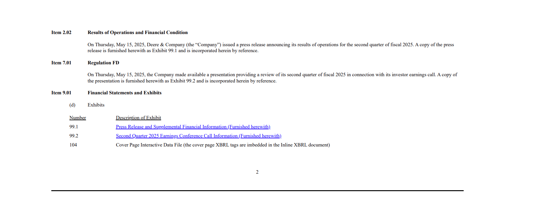 A document page lists items 2.02, 7.01, and 9.01 with descriptions for each, followed by a table with exhibit numbers and titles, including a press release, conference call presentation, and cover page.