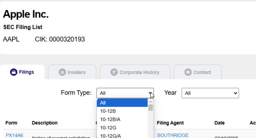 Screenshot of a website showing Apple Inc.'s SEC filing list. The section includes tabs for Filings, Insiders, and Corporate History. A dropdown menu is open, displaying form type options like All, 10-12B, 10-12B/A, and 10-12G/A.