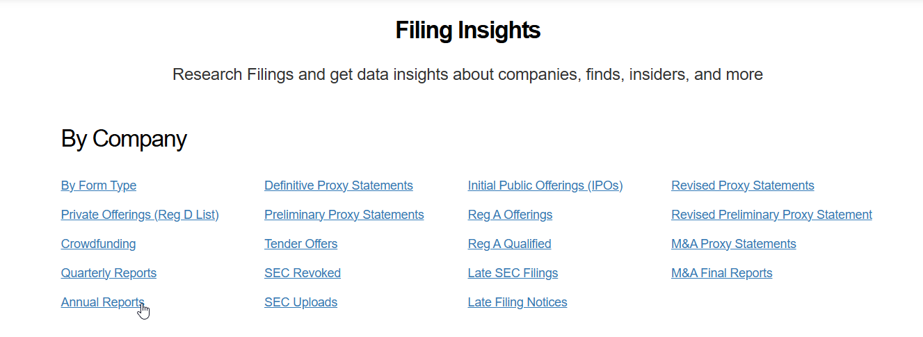 A webpage titled "Filing Insights" is displayed. It offers research on company filings and insights. Categories listed include By Form Type, Private Offerings, Crowdfunding, and more, with links like Annual Reports and SEC Uploads visible below.